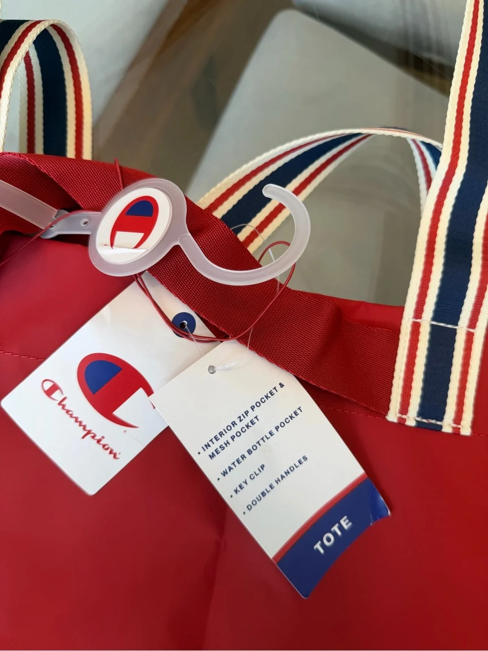 Champion Red Nylon Tote with Striped Shoulder Handles